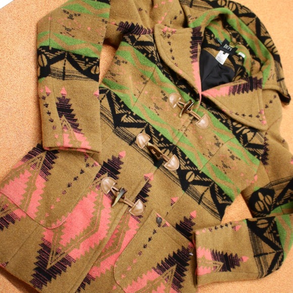Bohemian Aztec Print Duffle Coat Womens Large Wool Blend Toggle Closure - Picture 1 of 10
